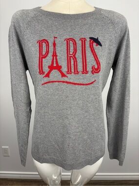 Talbots Grey Paris Graphic Knit Sweater Red Eiffel Tower Beret S